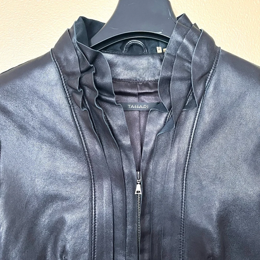 TAHARI 100% Genuine Leather Jacket Blazer Zipper Front Black XS Women - Picture 5 of 14
